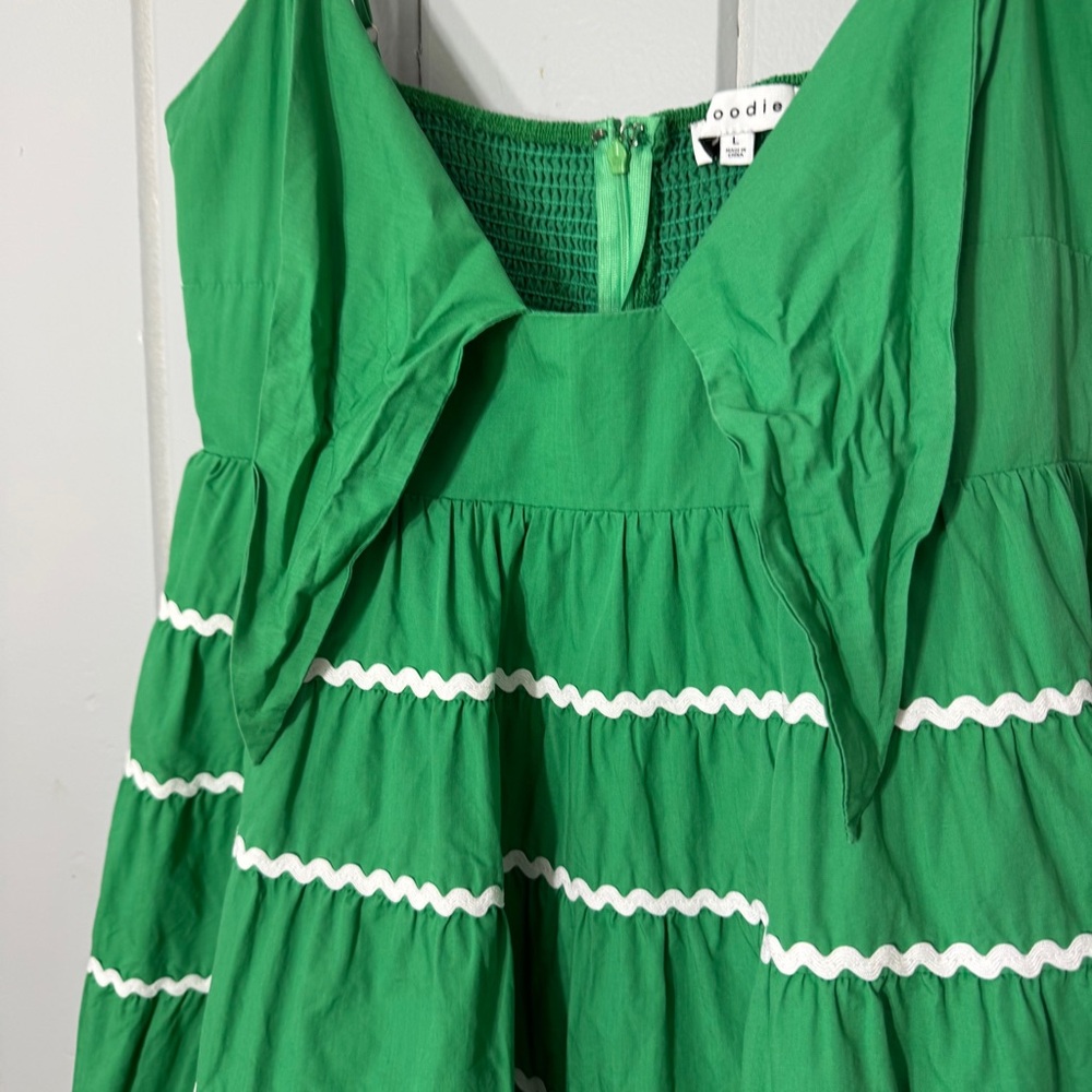 Moodie Green Babydoll Mini Dress Flare Ric Rac Trim Tie Front Smocked Back Large - Picture 6 of 15